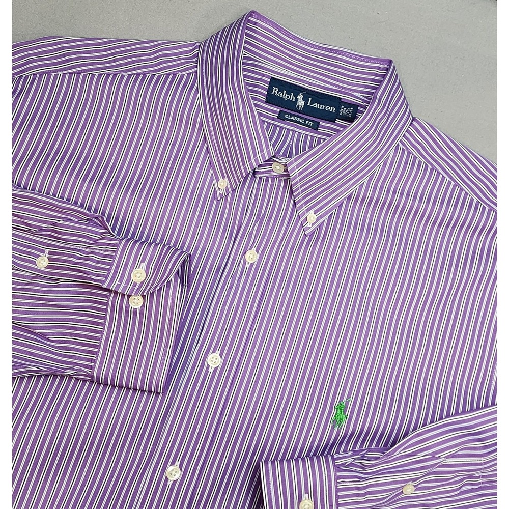 Ralph Lauren Button Down Shirt Purple Striped Classic Fit Mens 17.5 34/35